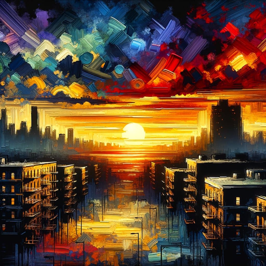 Epic Sunset Cityscape in Gouache Style
