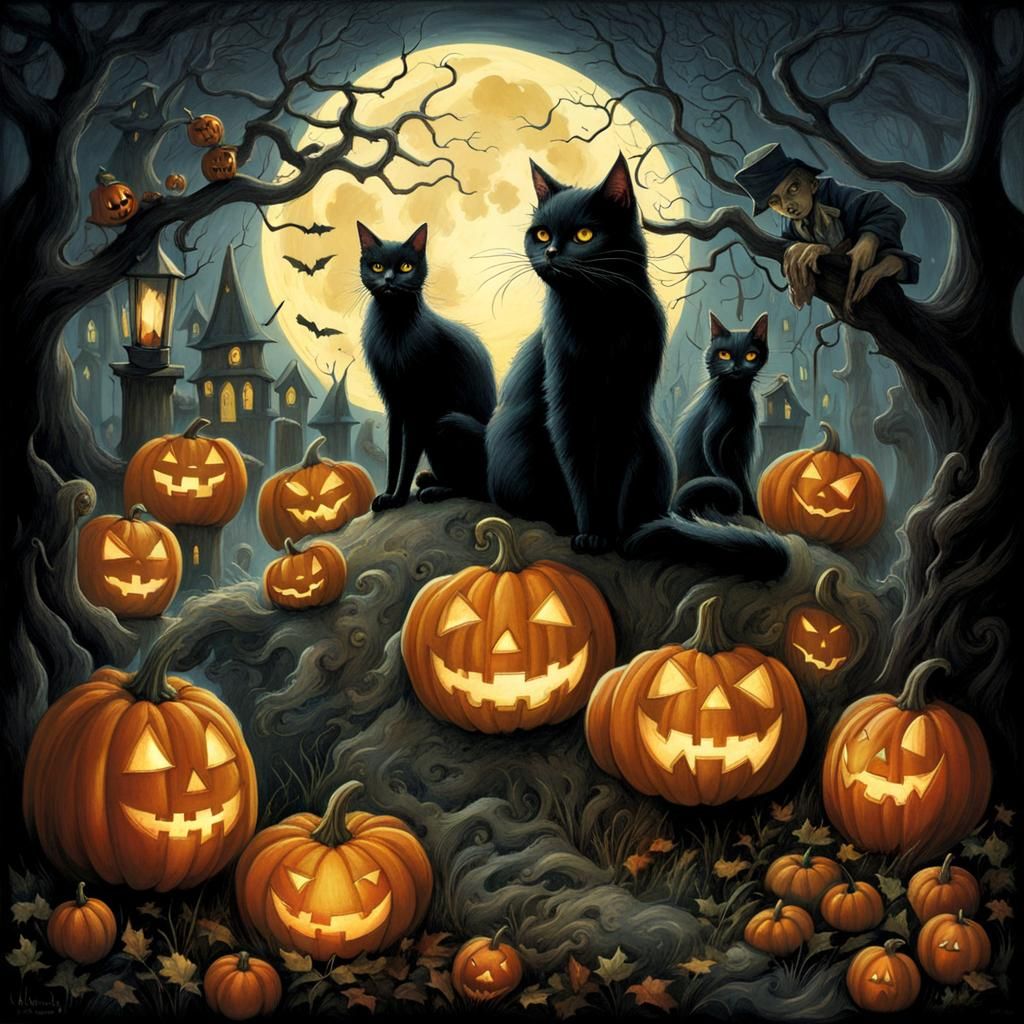 Halloween Graveyard Party with Black Cat