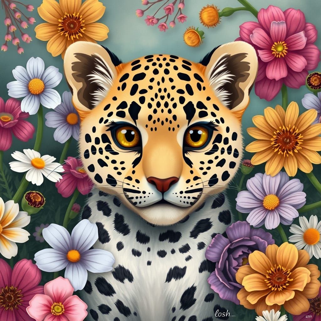 Clouded Leopard Surrounded by Whimsical Flowers in Dreamy St...