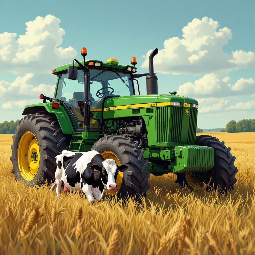 John Deere Tractor Devouring Cow in Surreal Style
