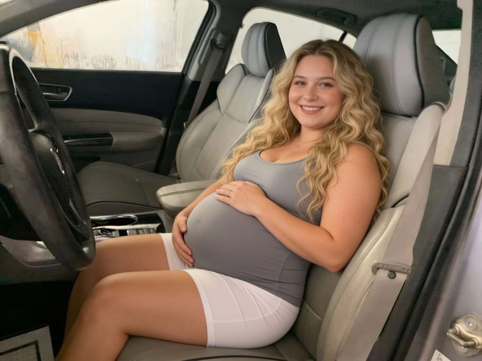 Pregnant Woman Drives Car with Long Blonde Hair