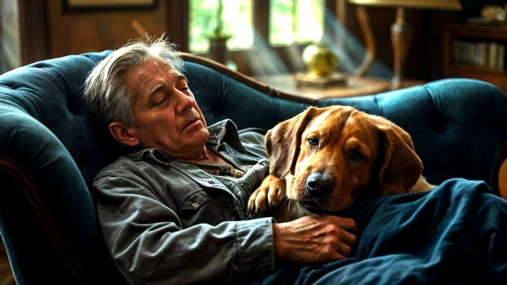 Old Man and Basset Hound Nap on Antique Chaise Lounge