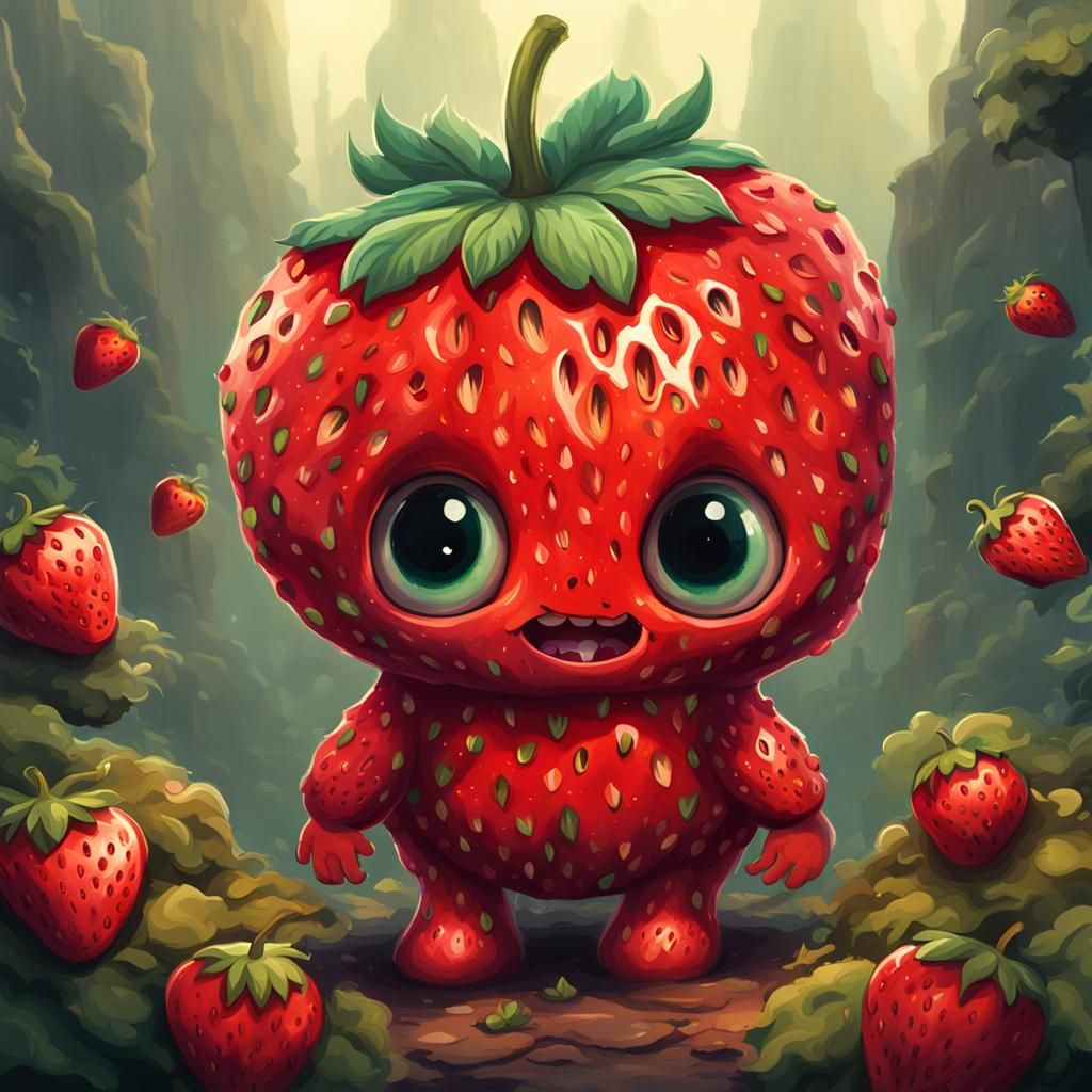 Cute Strawberry and Fire Monster in Digital Painting