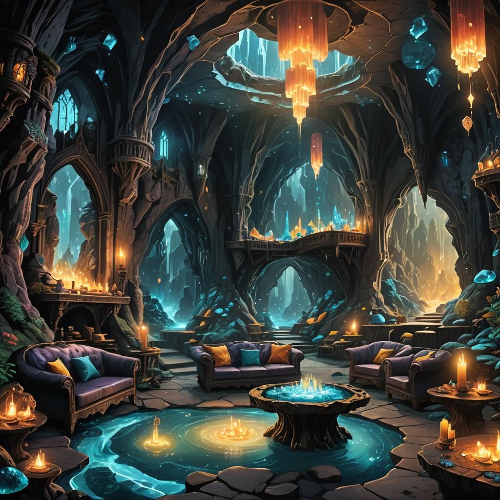 Bioluminescent Crystal Cave with Gemstone Furniture