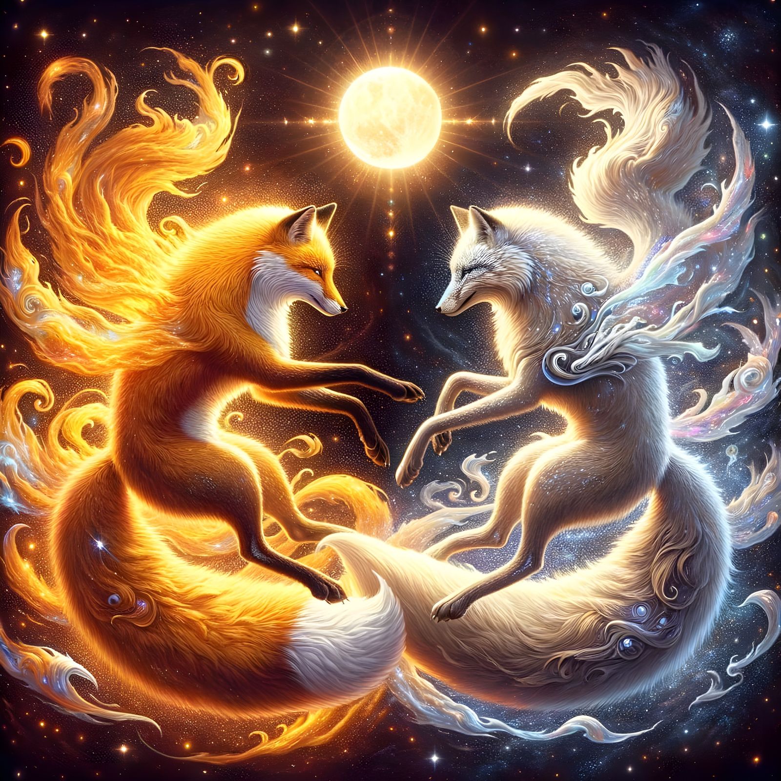 Cosmic Fox Dance: Sun and Moon Harmony