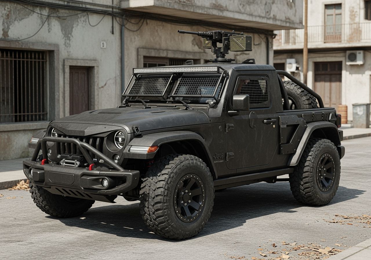 Futuristic Armored Jeep Wrangler in Derelict Town