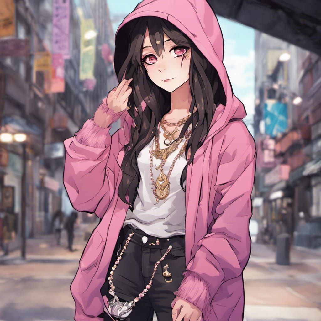 Anime Girl with Wolf Necklace in Hiphop Style