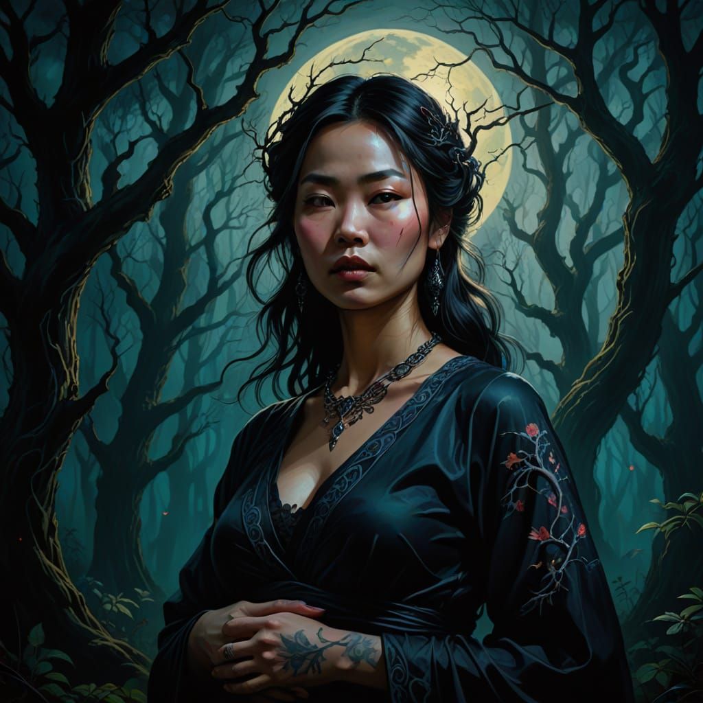Enigmatic Pregnant Goddess in Dark Fantasy Portrait