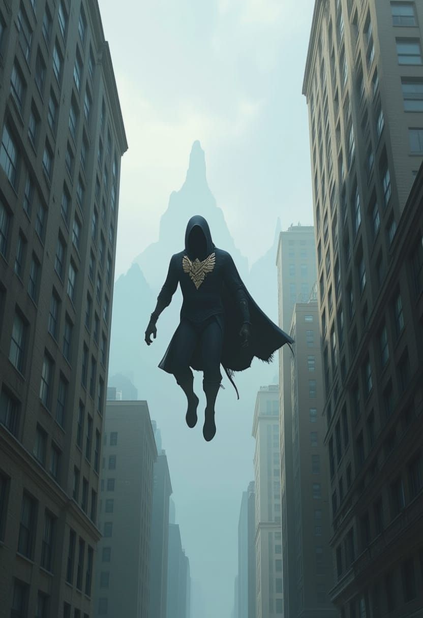Man in Hoodie Flies Between City Buildings