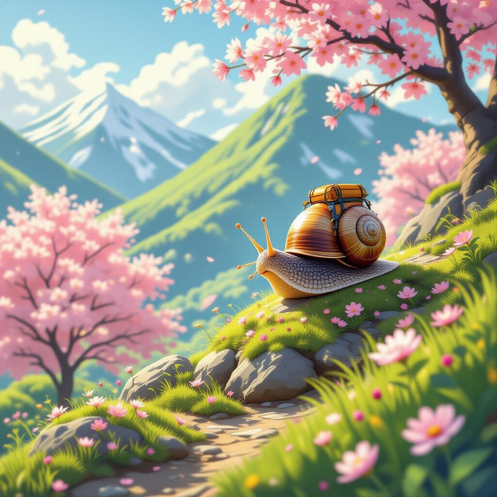 Anime Snail Hikes Spring Mountain in Ghibli Style