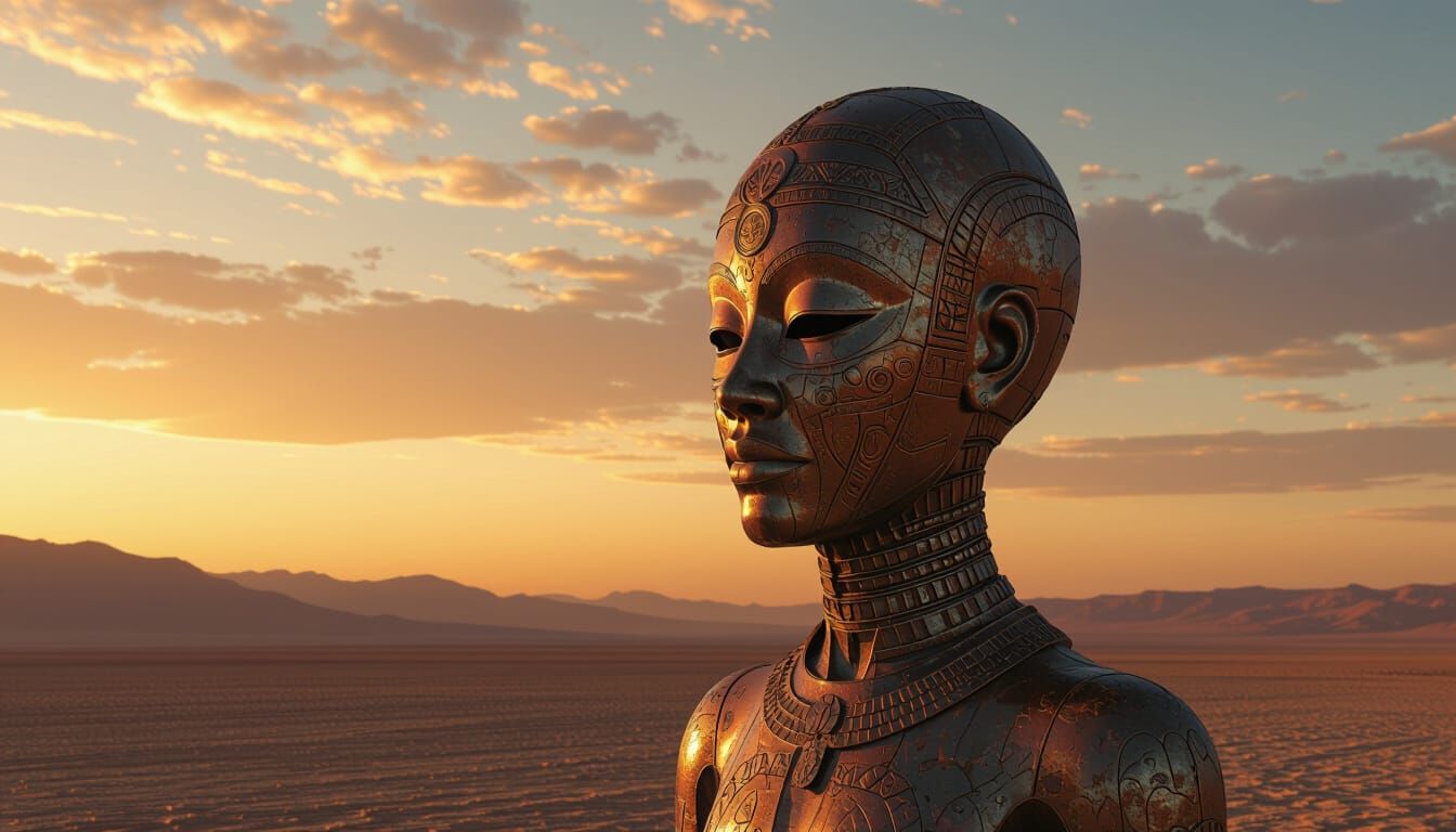 Towering Sculpture in Surrealist Desert Landscape