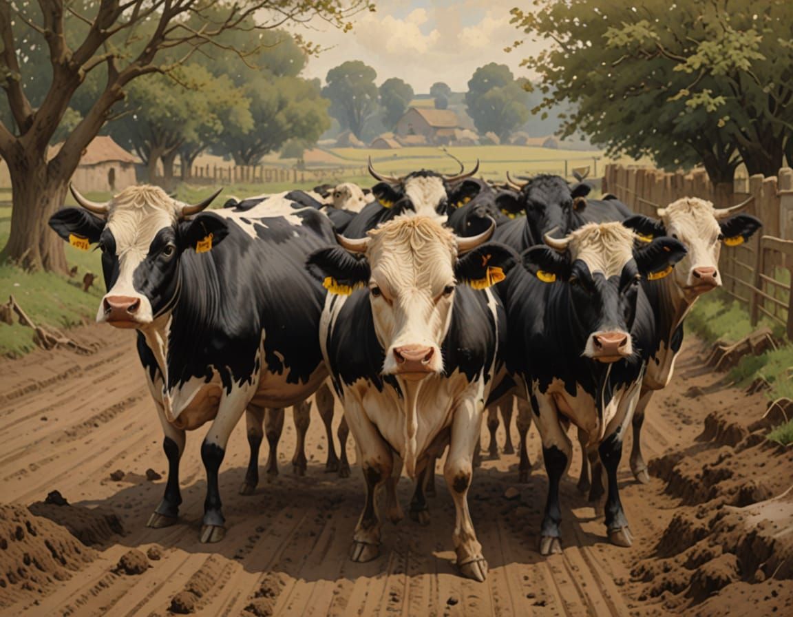 Rustic Cows and Dry Crows in Earthy Landscape