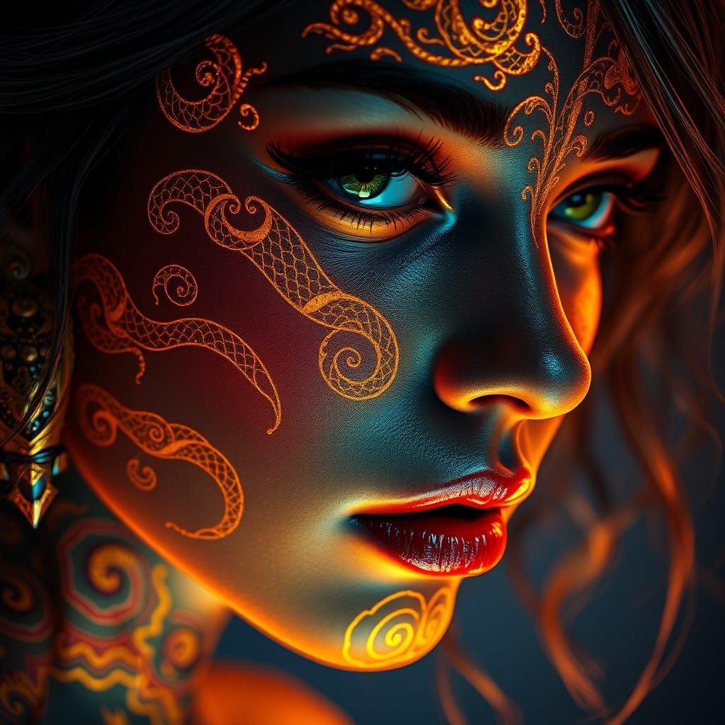 Golden Tattoos Glow with Neon Lighting