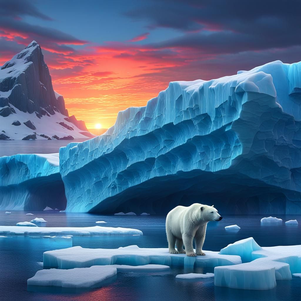 Polar Bear Watches Sunset Over Blue Iceberg