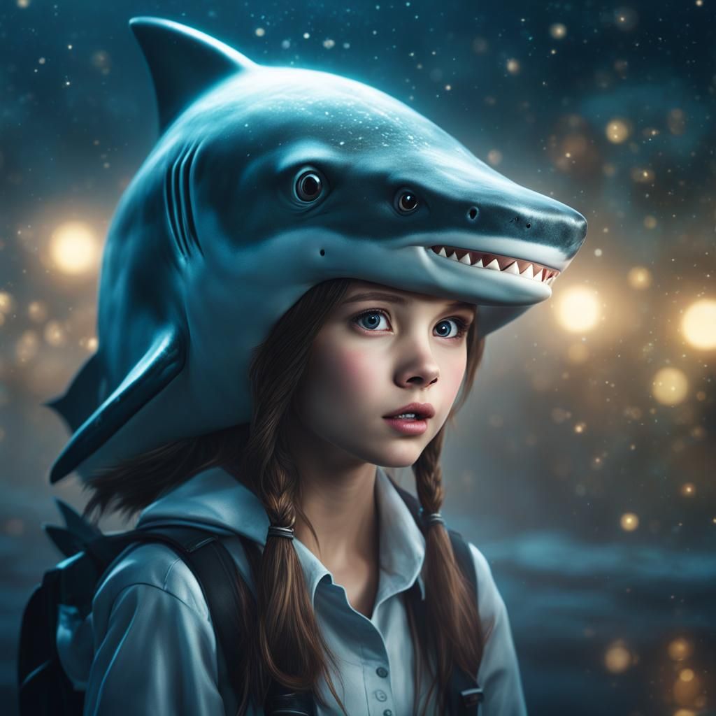 Whimsical Schoolgirl Shark Emerges from Cosmic Mist