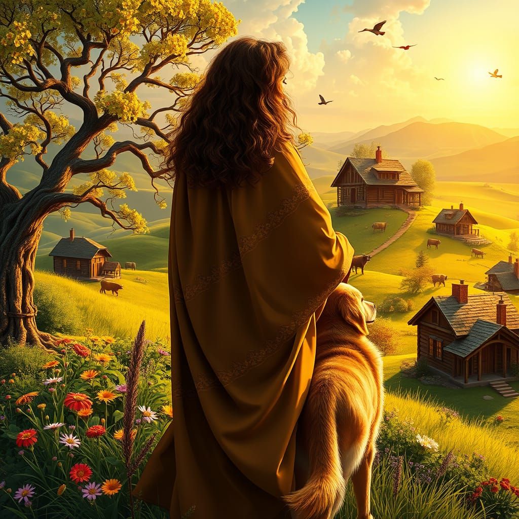 Ethereal Renaissance Woman Surrounded by Nature's Splendor