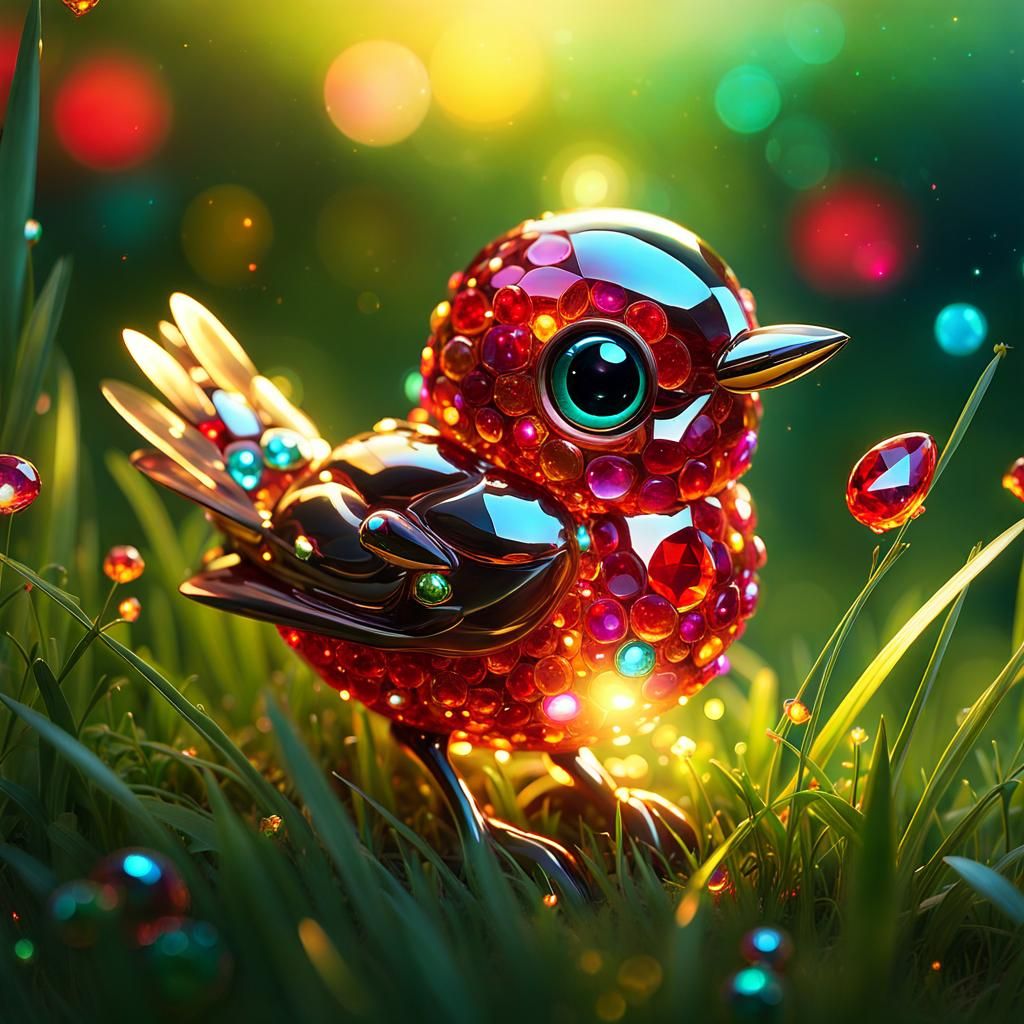 Glowing Ruby Red Gem Bird in Enchanted Garden