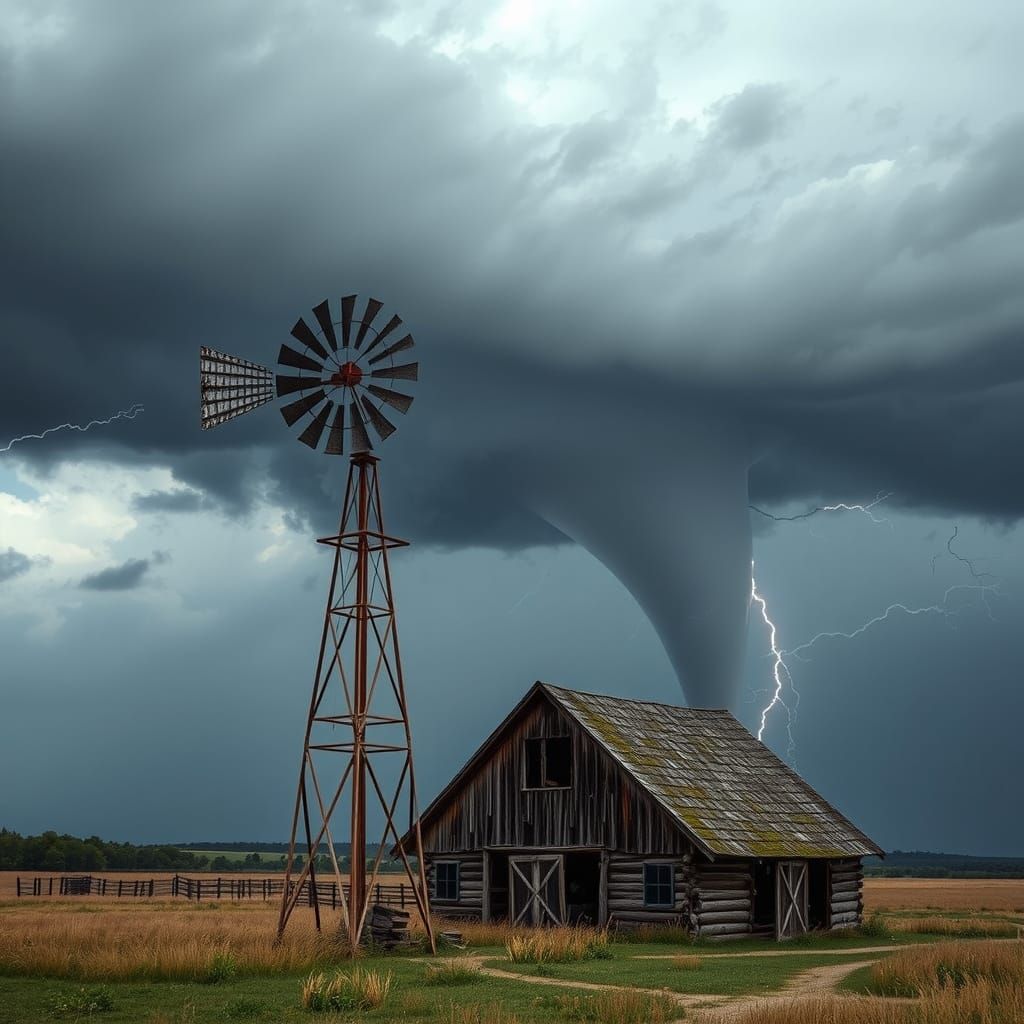 Dark Stormy Landscape with Windmill and Tornado