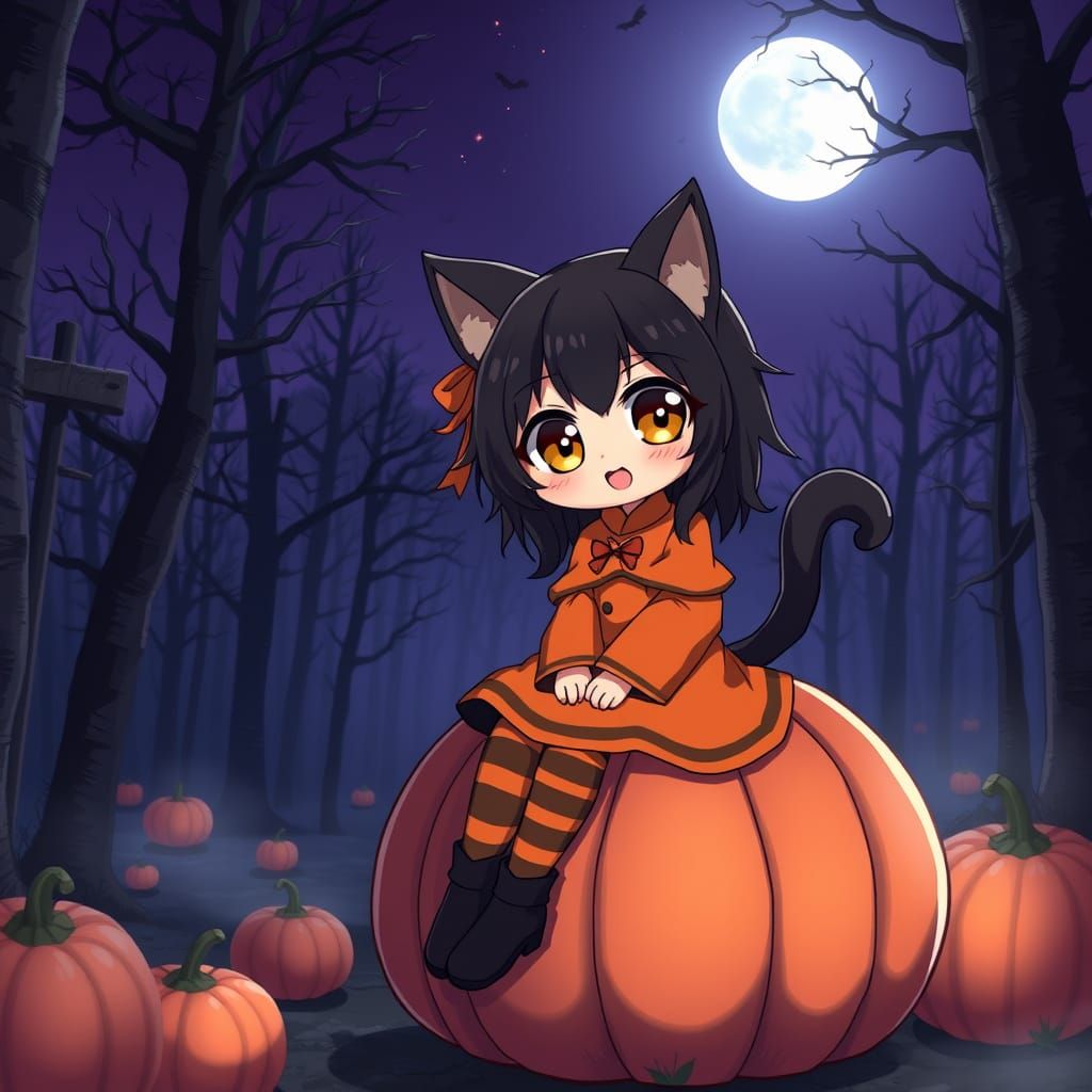 Mysterious Catgirl Adorns Haunted Woods in Anime Style