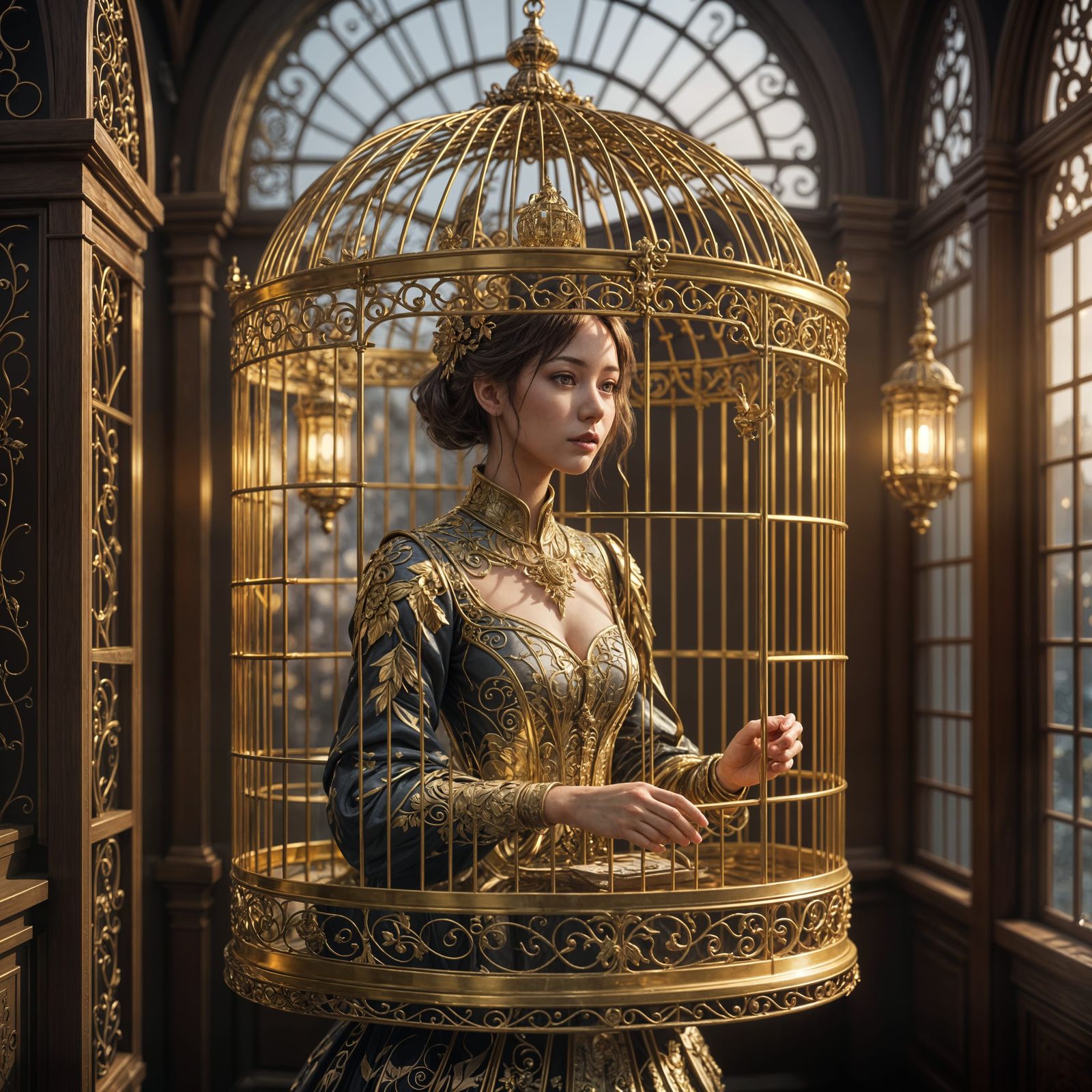 Tiny Woman Trapped in Golden Birdcage