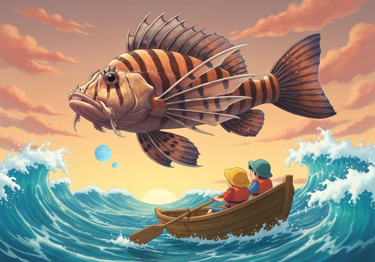 Giant Lionfish Over Rough Sea with Children in Rowboat