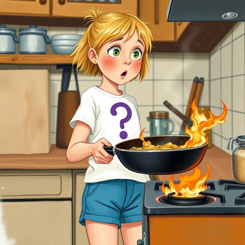 Girl Frozen in Surprise Amidst Kitchen Chaos in Whimsical Go...