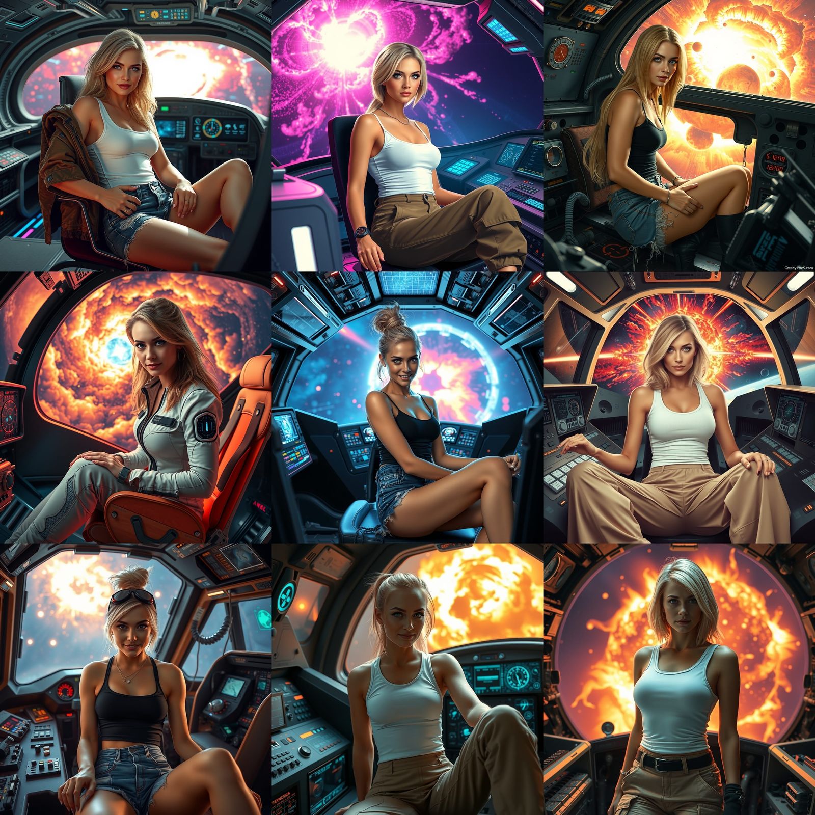 Blonde Woman in Spaceship Cockpit with Supernova