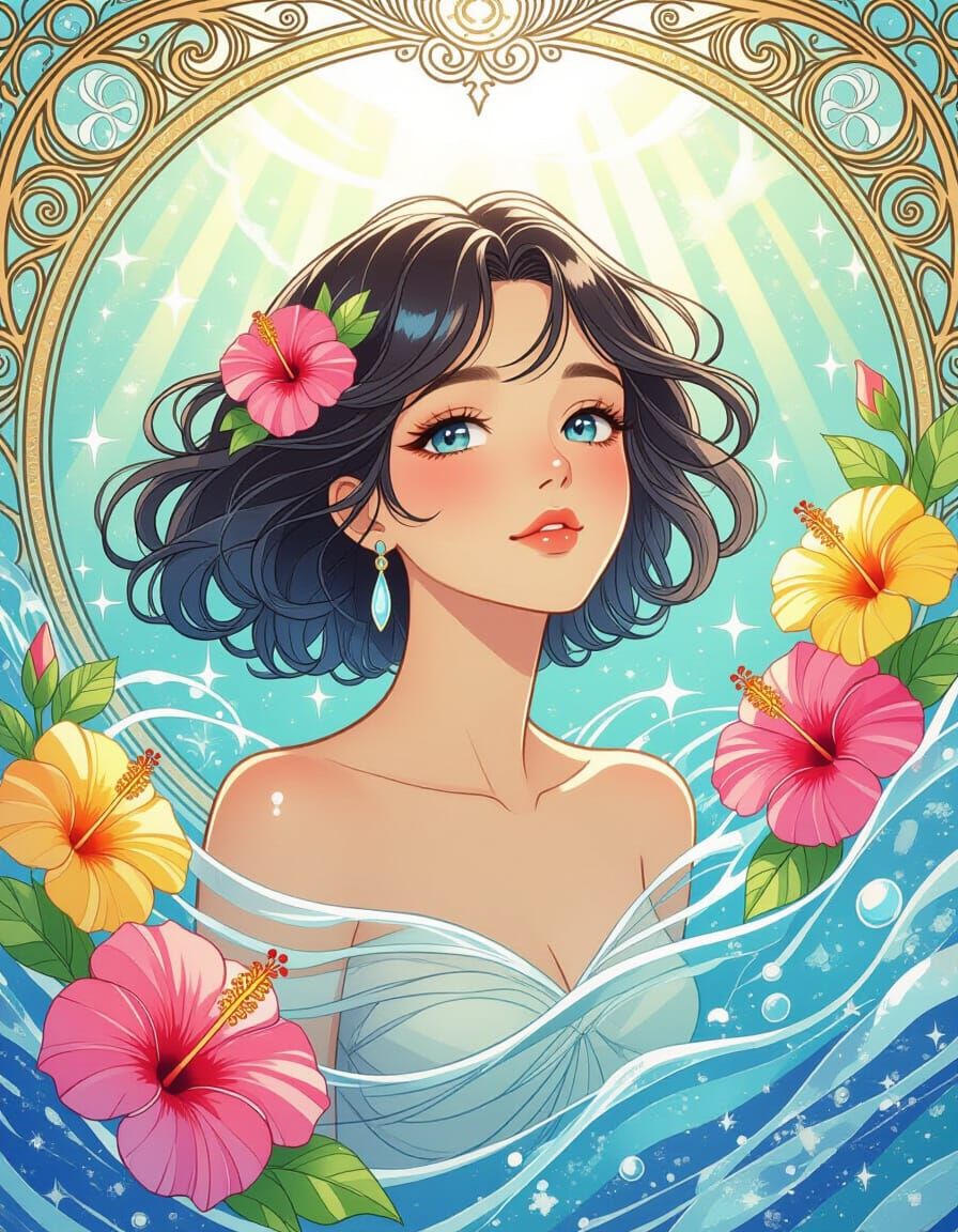 Anime Woman Rising From Ocean Depths