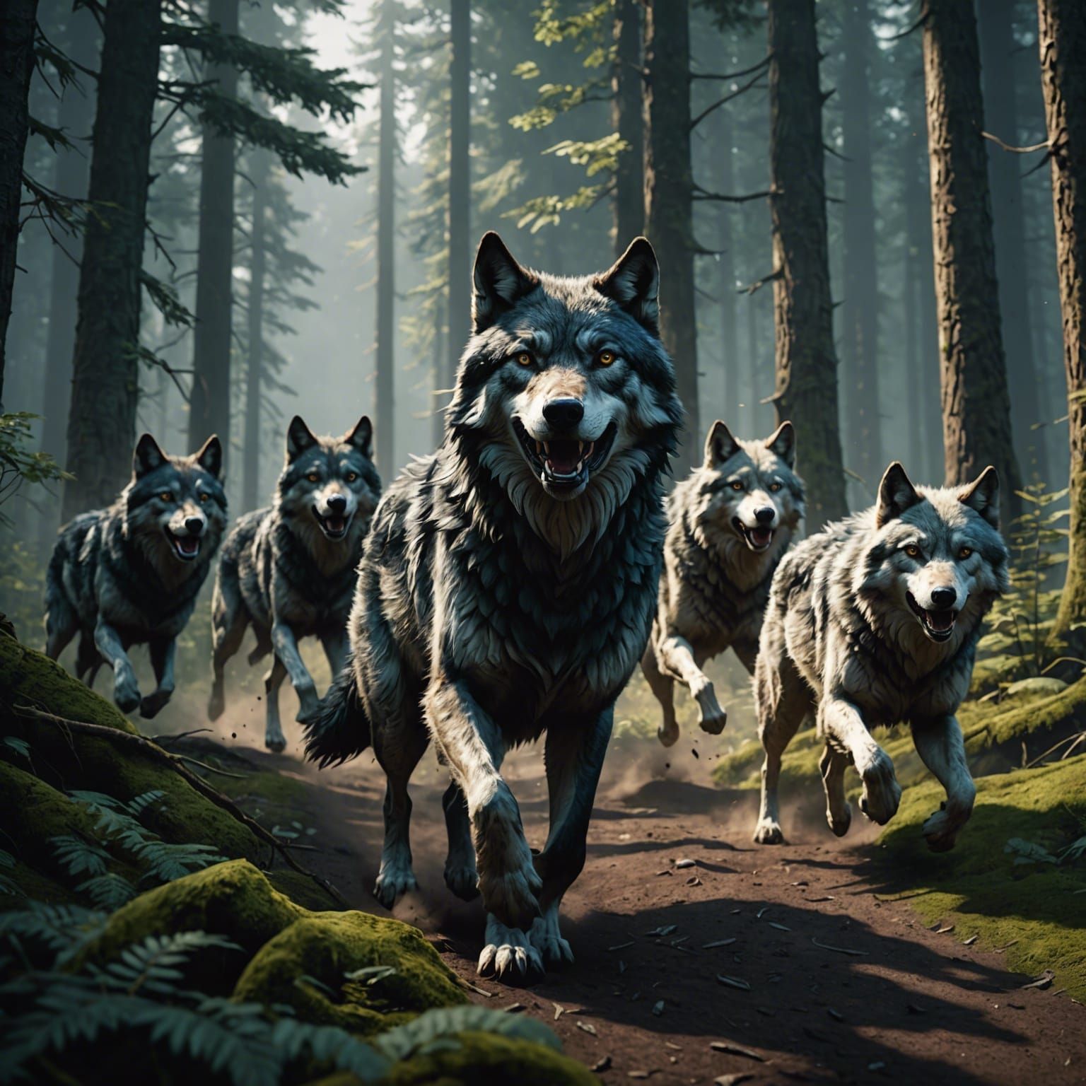 Wolves Run Through Forest: Detailed Matte Painting