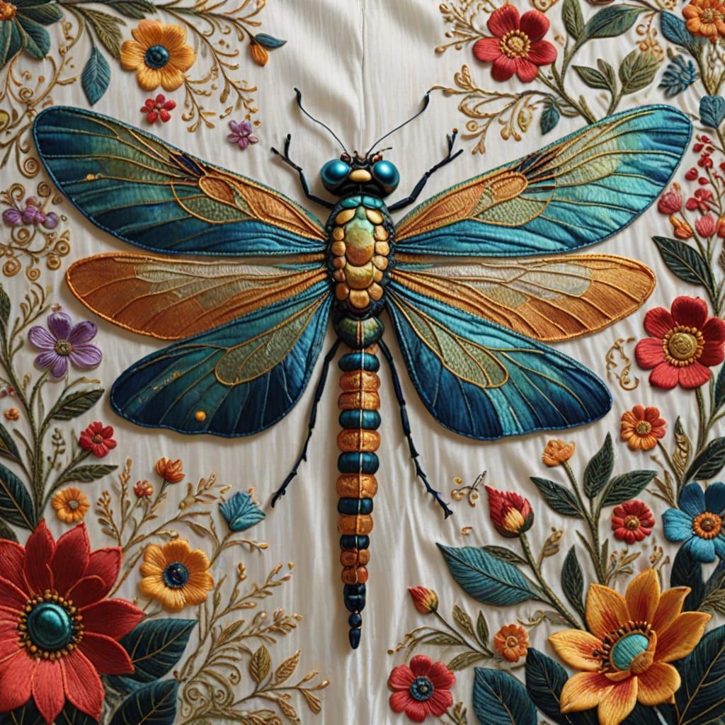 Dragonfly Embroidery: Folk Art on Silk Scarf
