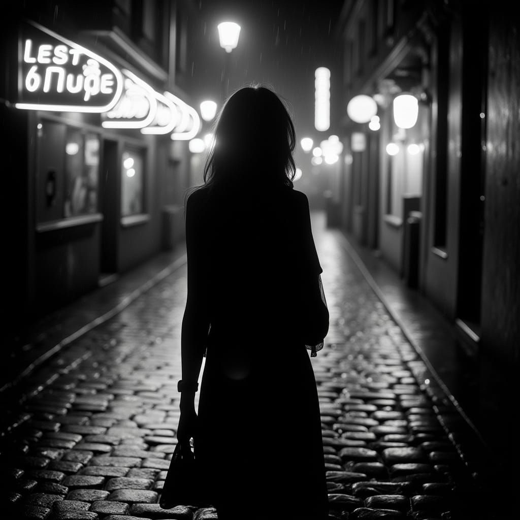 Mysterious Veiled Woman on Rainy Night Street