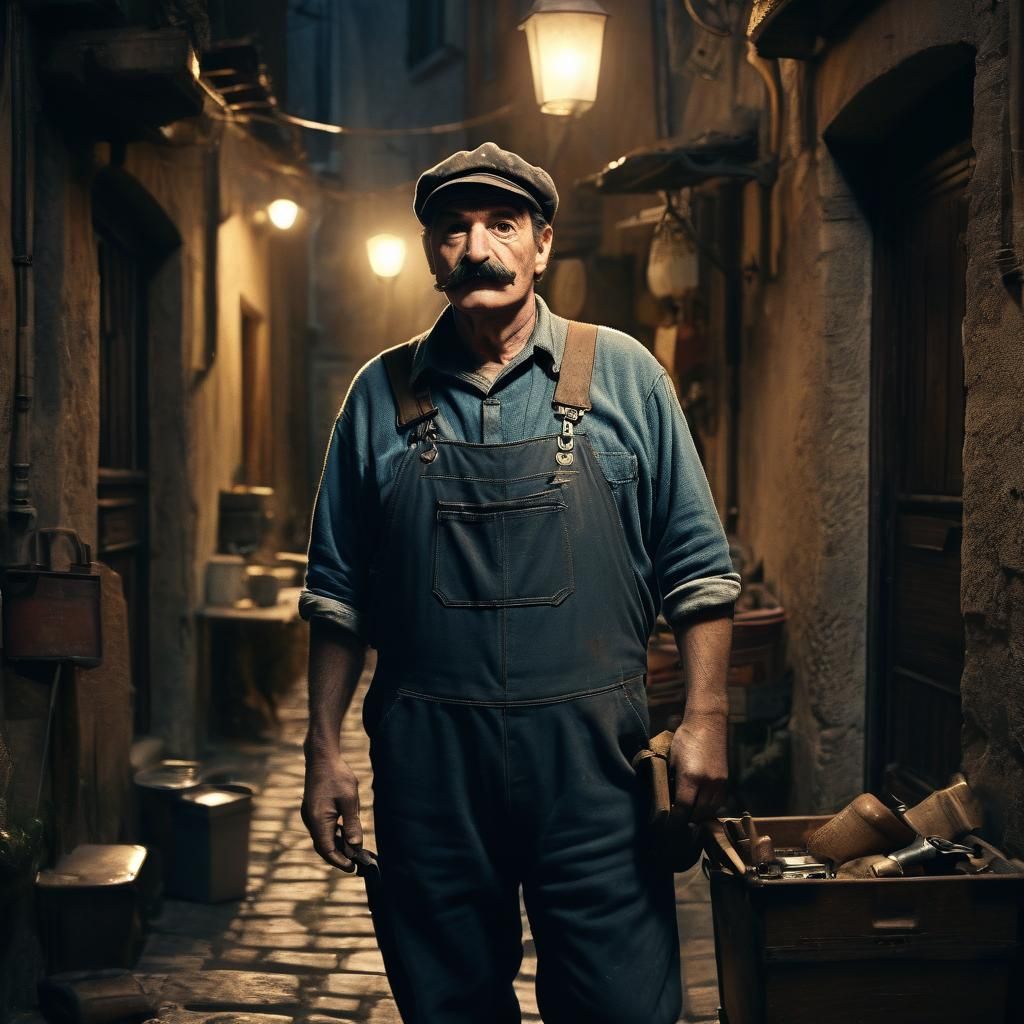 Nostalgic Film Still: Italian Plumber in Rustic Alleyway