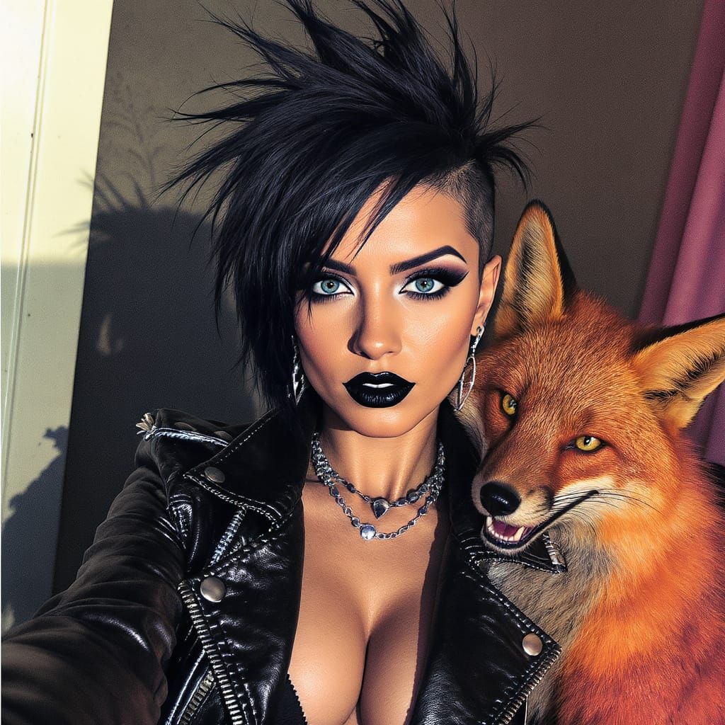 Punk Brunette Selfie with Fox, Nagel and Moebius Style