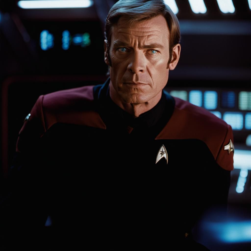 Adam Copeland in Star Trek: TNG uniform. Ranked as Captain Cinematic film still, shot on v-raptor XL, film grain, vignet...