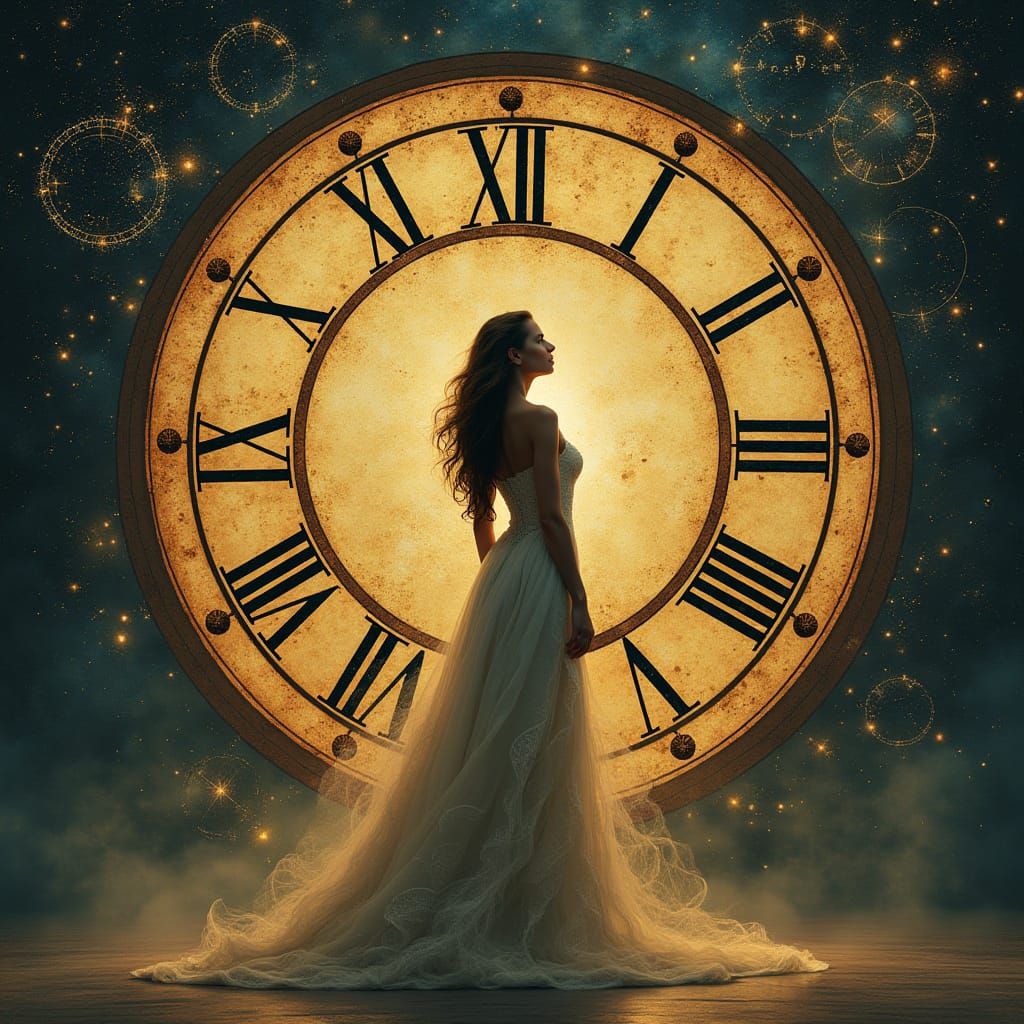 Dreamlike Figure Stands Before Timeless, Swirling Clockwork