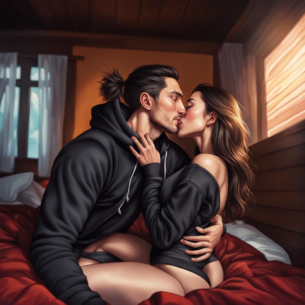 Hyperrealistic Brunette Kiss in Bed: Splash Art Style