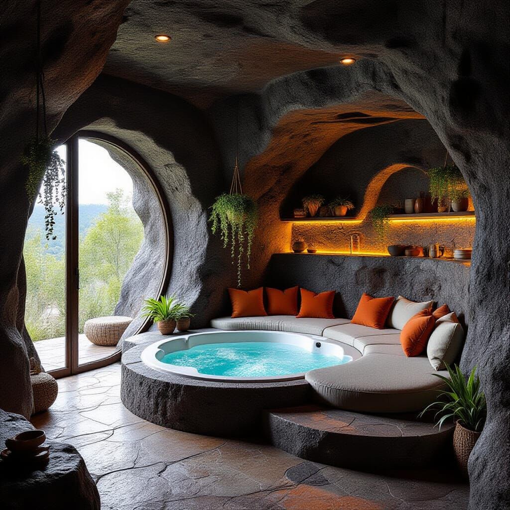 Cozy Cave Living Space with Hot Tub