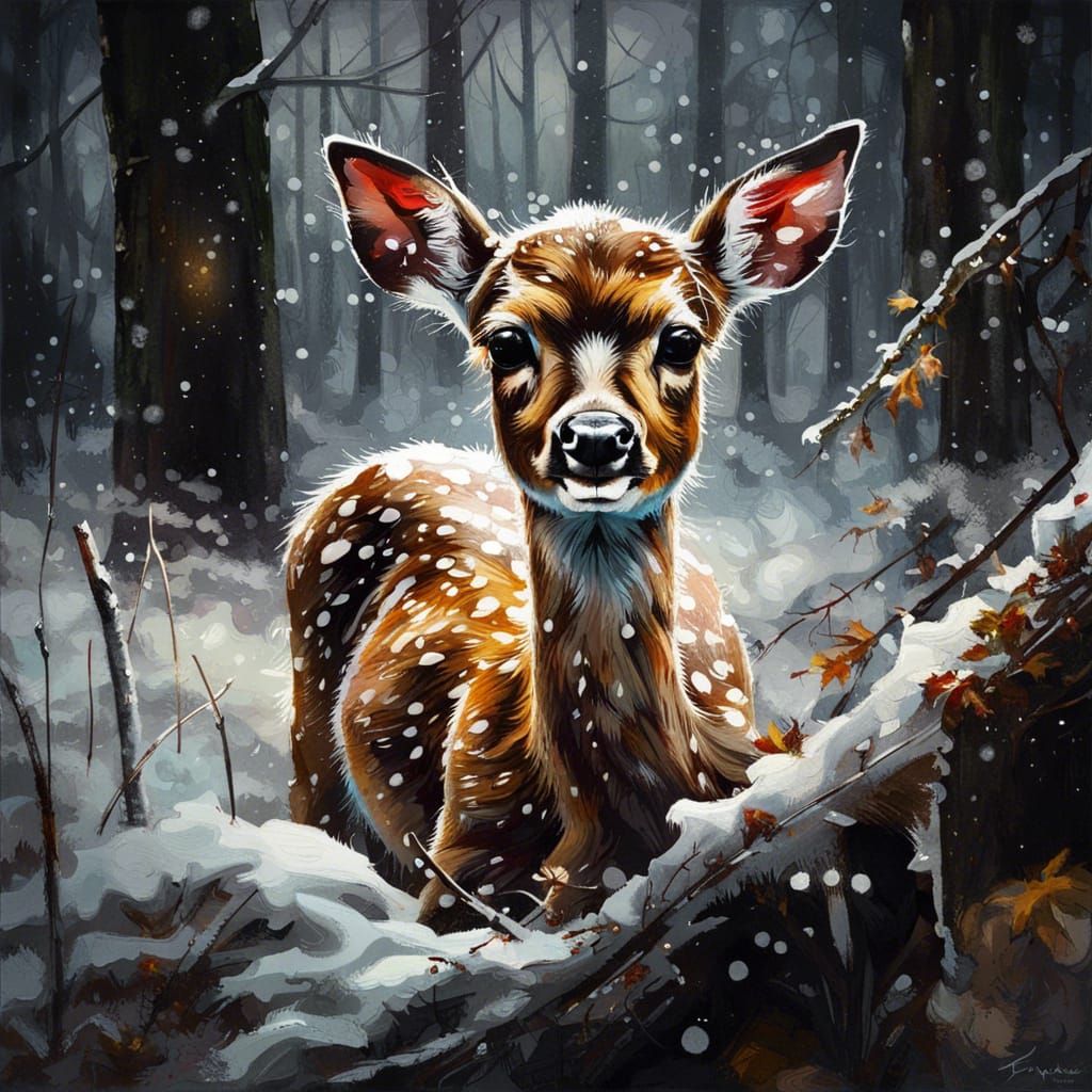 Fawn in Snowy Forest: Photorealistic Digital Oil Painting