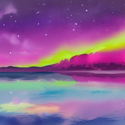 Neon Aurora Borealis in Gouache Watercolor Style