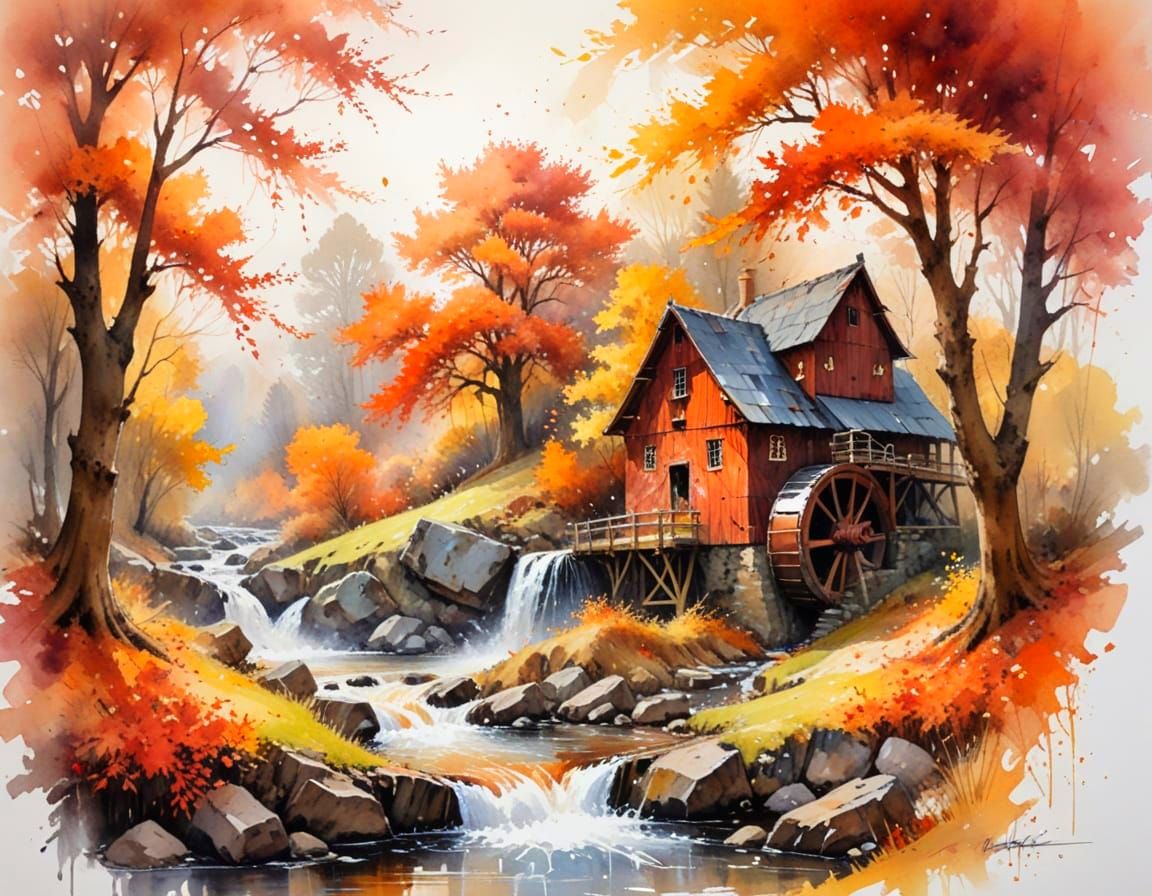 Autumn Watermill in Watercolor Landscape Style