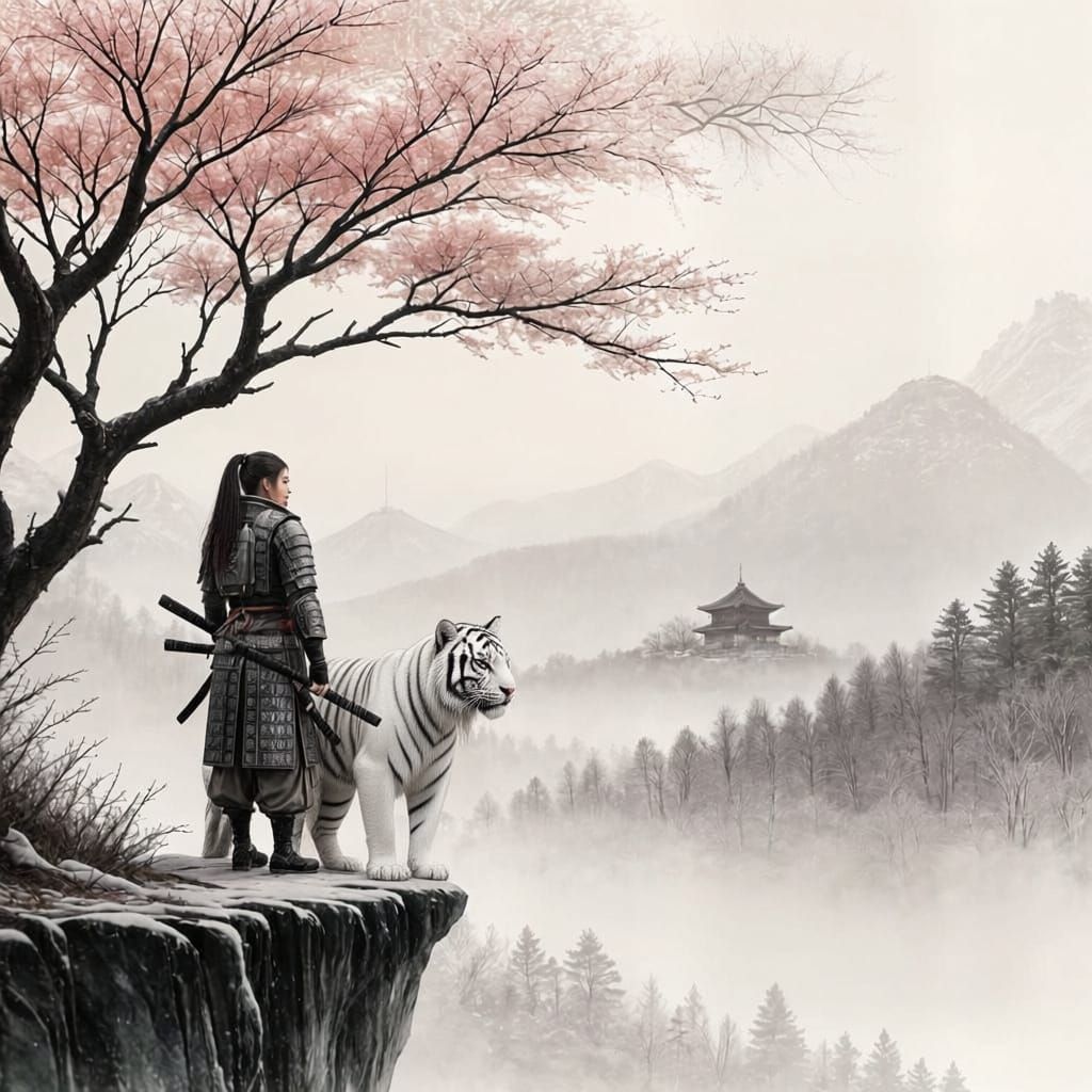 Female Samurai Under Sakura Tree in Snow