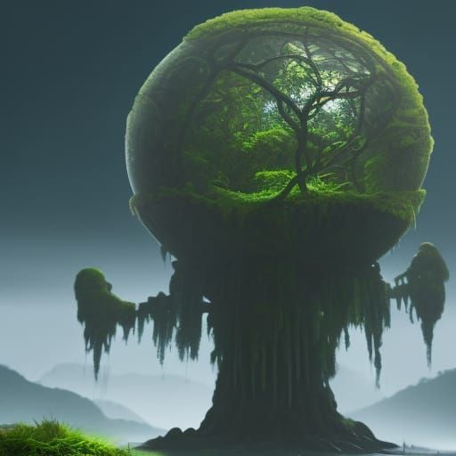 Mossy Alien Sphere in Rainforest: Fantasy Concept Art