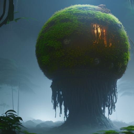 Ancient Alien Sphere in Rainforest, Detailed Matte Painting