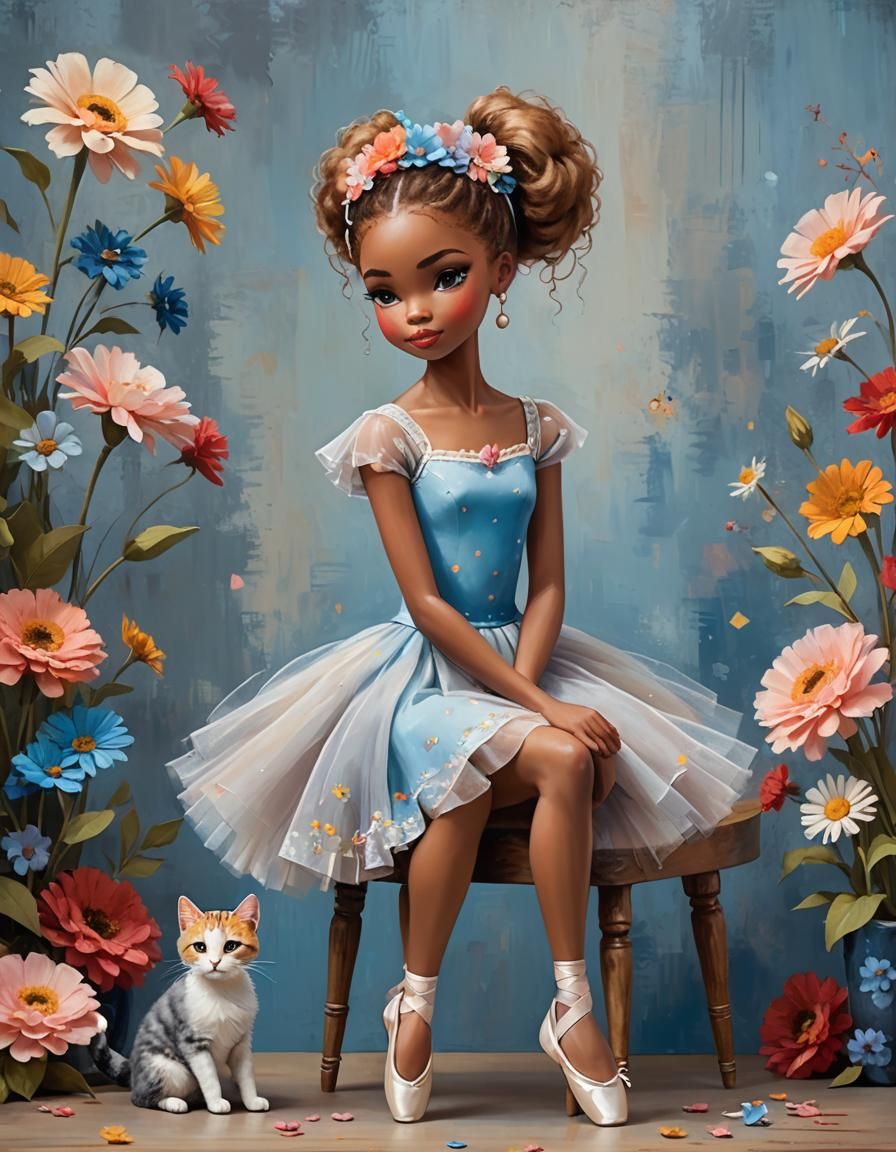 Stylized Ballerina Pirouette with Cat and Flowers