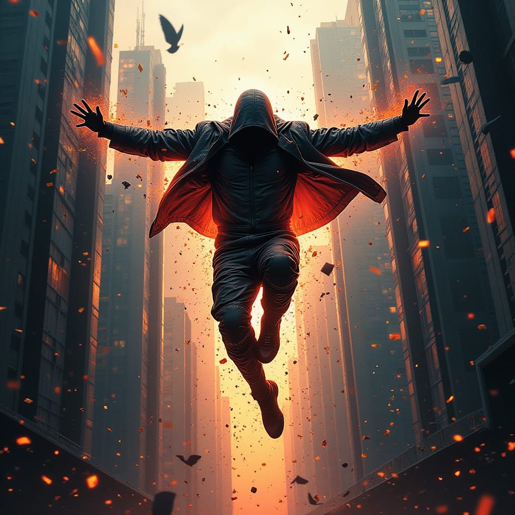 Heroic Figure Leaps Through Gritty Cityscape in Fiery Pose