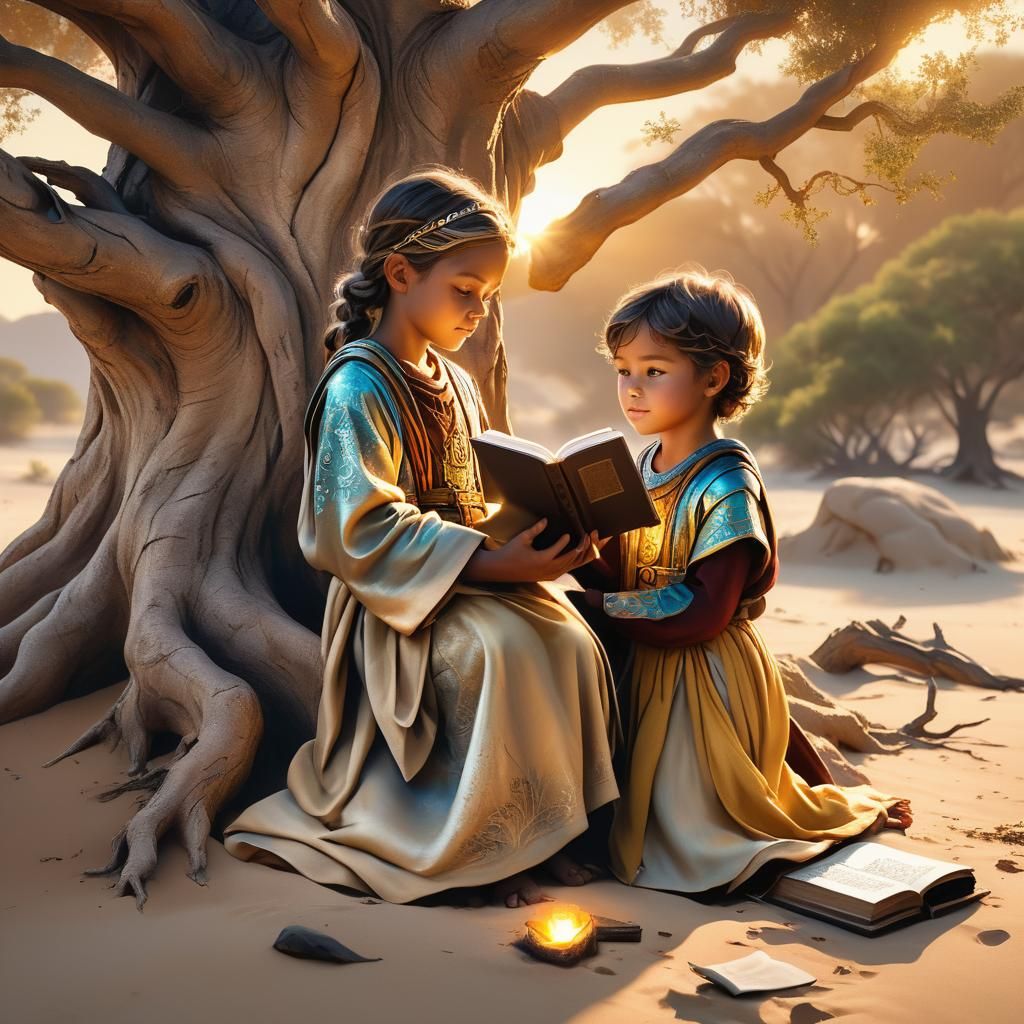 The scene symbolizes the harmony between nature and knowledge, capturing a moment of wisdom being passed down from an an...