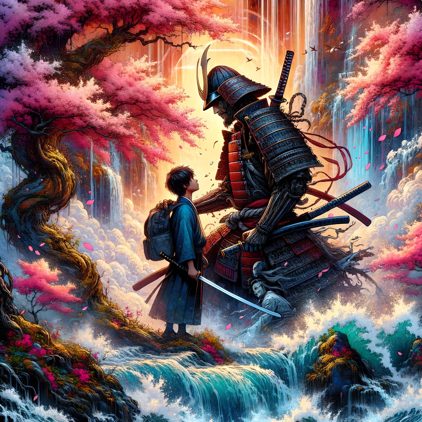 Samurai and Student Under Sakura Trees, Impasto Style