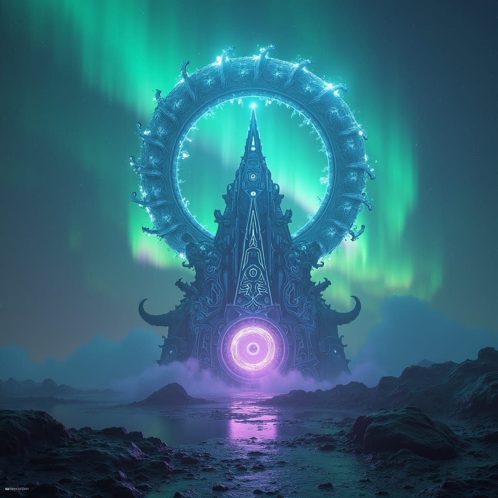 Ethereal Shrine in Iridescent Aurora Borealis