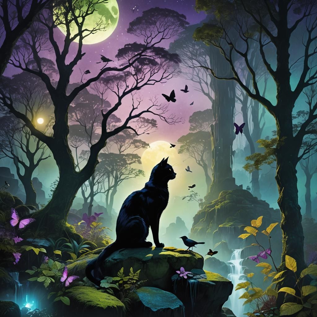 Mystical Cat Silhouette with Forest Landscape