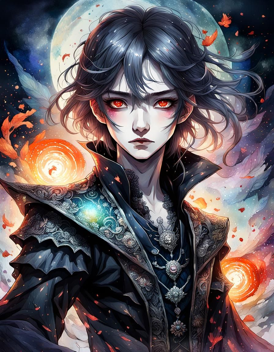 Vampire Portrait with Astral Watercolor Background